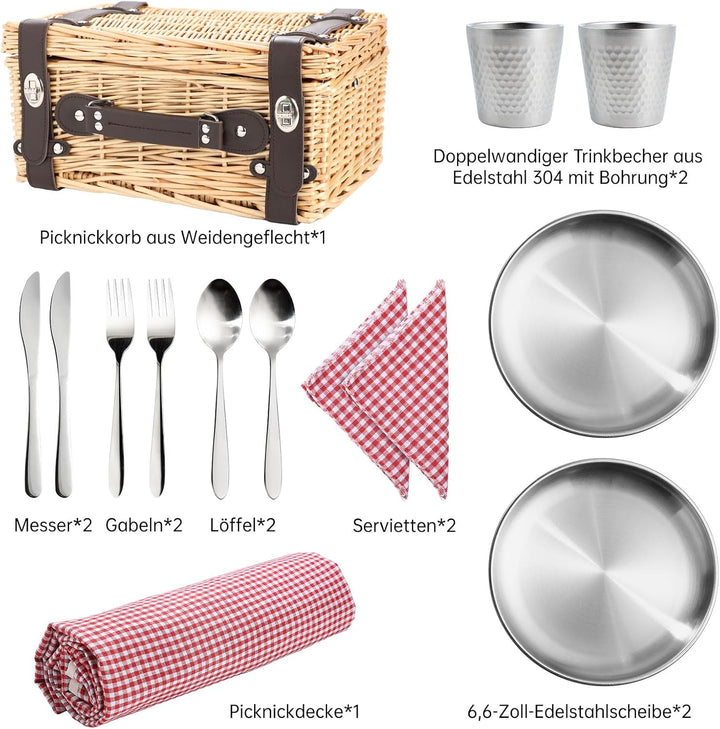 Weiden-Picknickkorb für 2 Personen, Weidenkorb mit Wasserfester Picknickdecke und Besteckset, Pickni