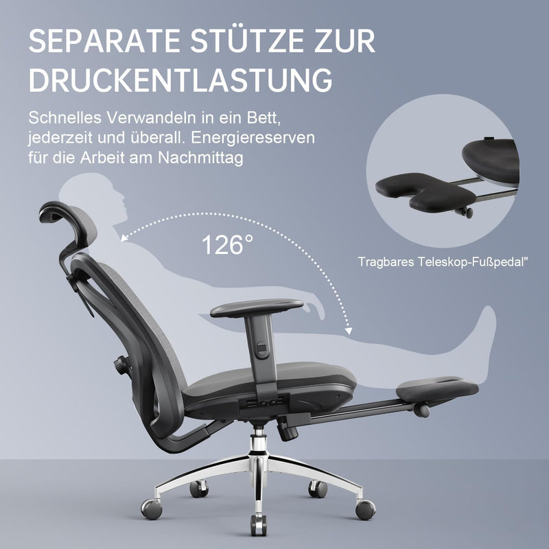 SIHOO Ergonomischer Büro-Liegestuhl mit Fussstütze, Computer-Schreibtischstuhl, verstellbaren Kopfst