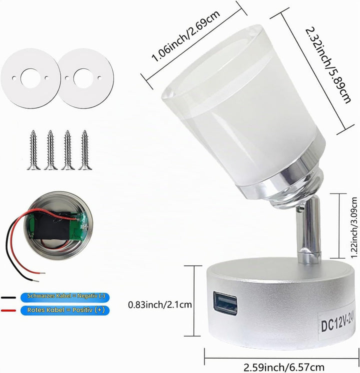 Intckwan 12 Volt Led Lampen Wohnmobil, 12v LED Leselampe Wohnwagen mit USB, 3W, Taktile Dimmschalter
