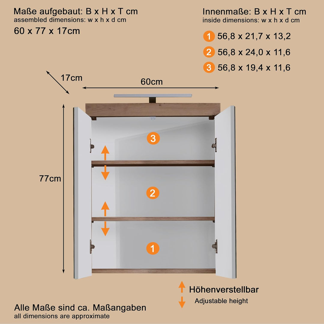 trendteam smart living - Spiegelschrank inkl. Beleuchtung - Bad - Amanda - Aufbaumass (BxHxT) 60 x 7