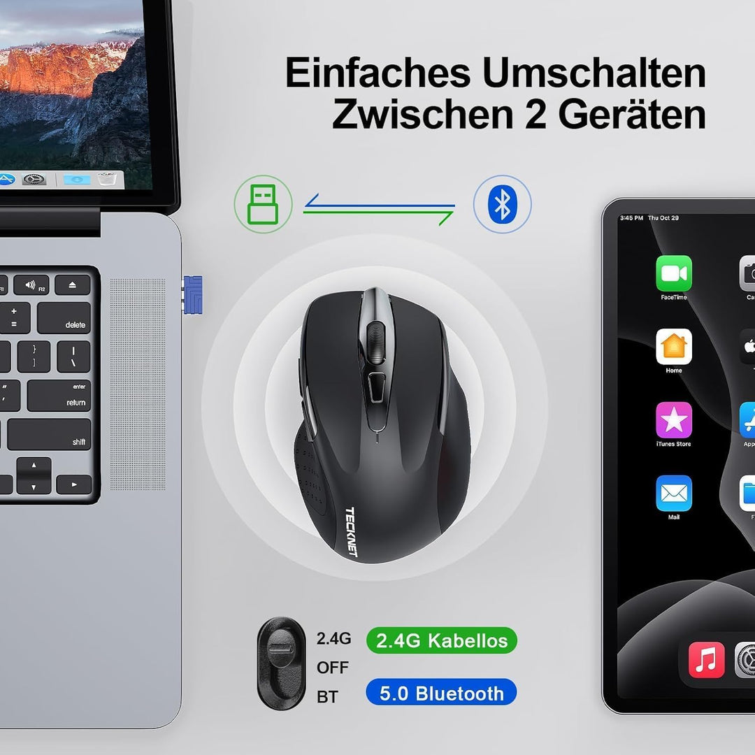 TECKNET Bluetooth Maus, Wiederaufladbare Kabellose Bluetooth Maus (DREI Modi: BT 5.0/3.0 + 2,4 G), 4