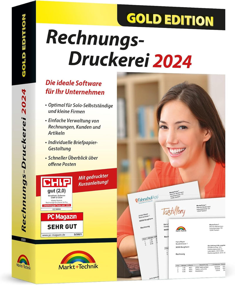 Rechnungsdruckerei 2024 Gold Edition – Rechnungsprogramm für Unternehmer, Handwerker, Kleingewerbe -