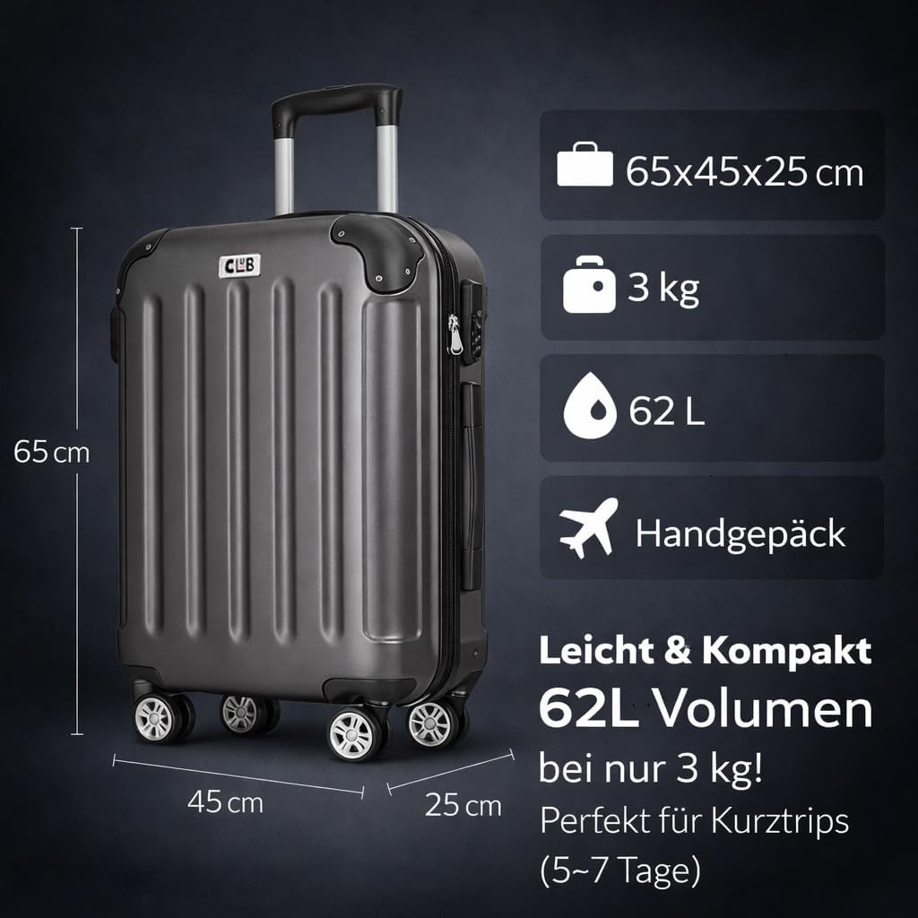 POSH Koffer mittelgross aus ABS - Leichter Hartschalen Trolley 65x45x25 cm - Reisekoffer 62L mit Zah