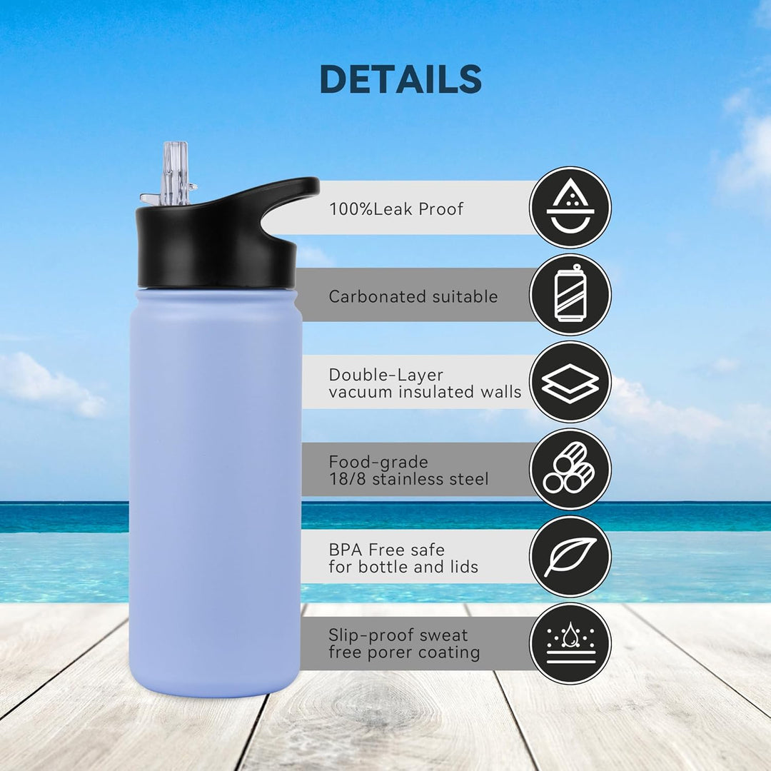 Edelstahl Trinkflasche - 500ml - mit Strohhalm,Auslaufsicher,Kohlensäure Geeignet,BPA frei Thermosfl
