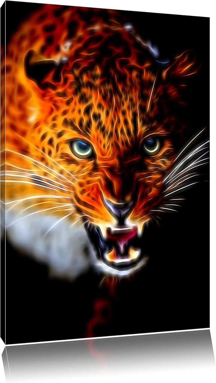 Dark Fauchender Leopard Deluxe Format: 100x70 cm auf Leinwand, XXL riesige Bilder fertig gerahmt mit