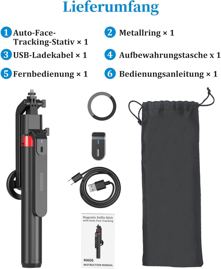PlusAcc 184cm Auto Face Tracking Stativ – Magnetischer Selfie Stick für iPhone, 360° Drehung Halter