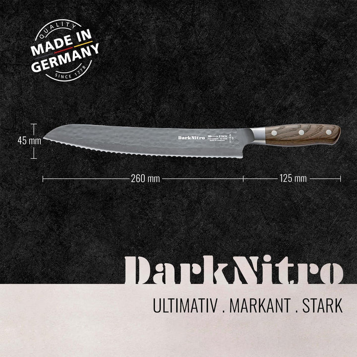 F. DICK Brotmesser DarkNitro 26 cm - rostfrei, Klinge extra scharf, Wellenschliff, Sägemesser Hammer