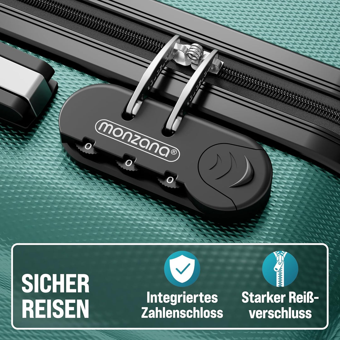 MONZANA® 3tlg. Kofferset, Grün - M-L-XL - inkl. Schloss, Organizer & Kofferwaage - Gurt Gel-Griffe,