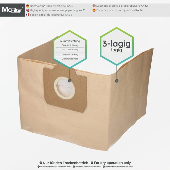 McFilter I 10 Staubsaugerbeutel geeignet für Kärcher WD 3 P Mehrzwecksauger, Beutel-Typ KA 32 10 Beu