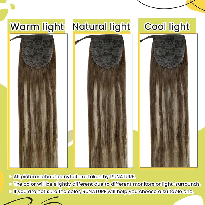RUNATURE Extensions Echthaar Balayage Zopf Braun Blond 50cm 80g Lang Pferdeschwanz Ponytail Extensio