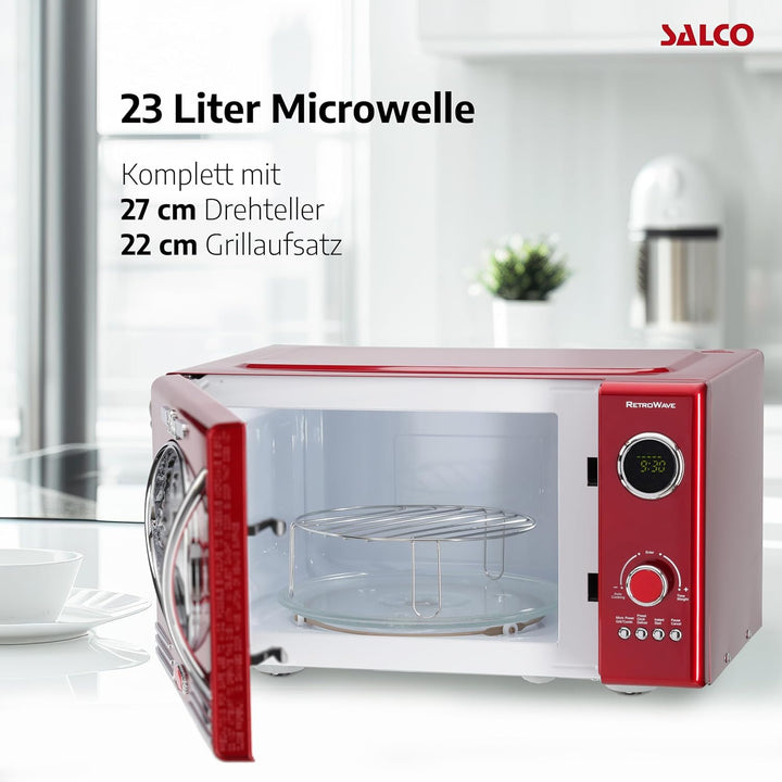 Salco Mikrowelle 2 in 1 – Retro-Style mit Grillfunktion - 23 l Garraum, metallic-rot, 900 W - 12 Fun
