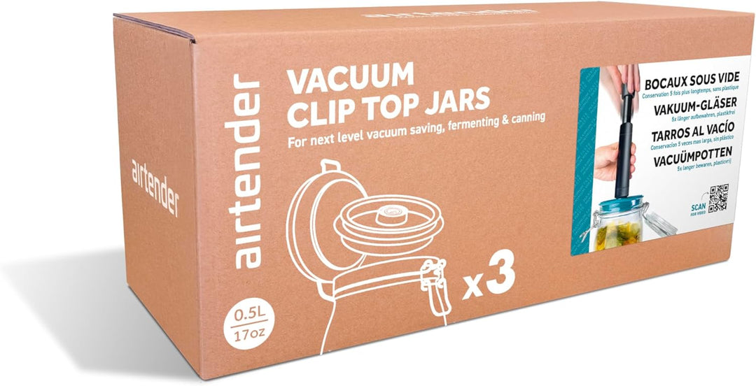 Airtender 3x Vakuumdeckel mit 3x Kilner® Einmachgläser und Vakuumpumpe – Halten Sie Lebensmittel bis