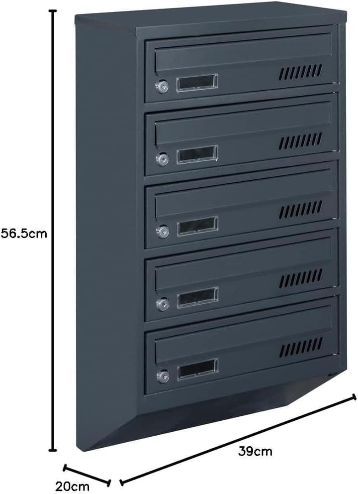 5er Briefkastenanlage GDS Anthrazit RAL 7016 20cm tief Briefkastensysteme | 2 Schlüssel, DIN-A4-Form