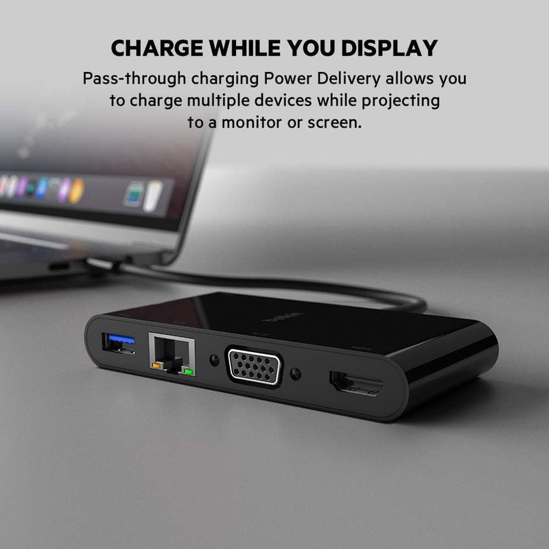 Belkin USB-C-Multimedia-Adapter (USB-C-Hub mit VGA, 4KHDMI, USB3.0, Ethernet-Ports) mit 100W Leistun