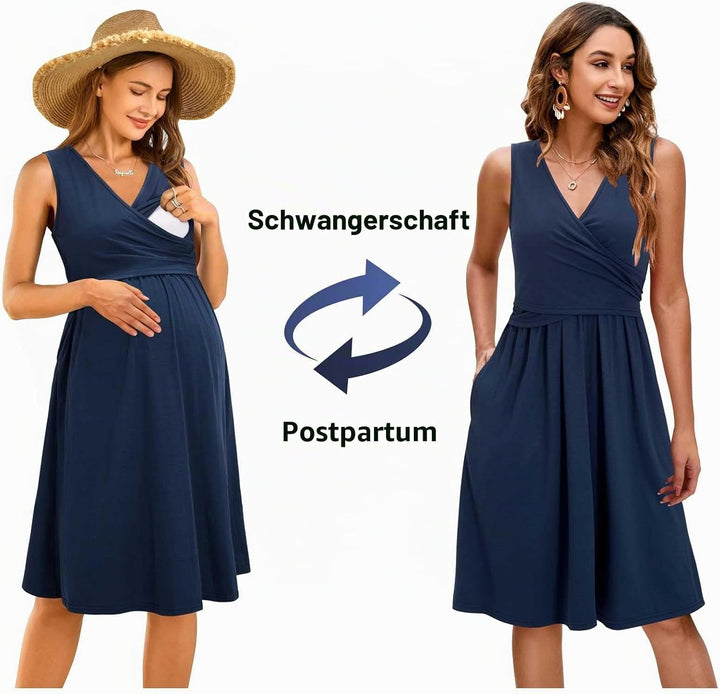 OUGES Damen Sommer Umstandskleid Stillkleid Baumwolle Schwangere Lässiges Frühling Kleider mit Tasch