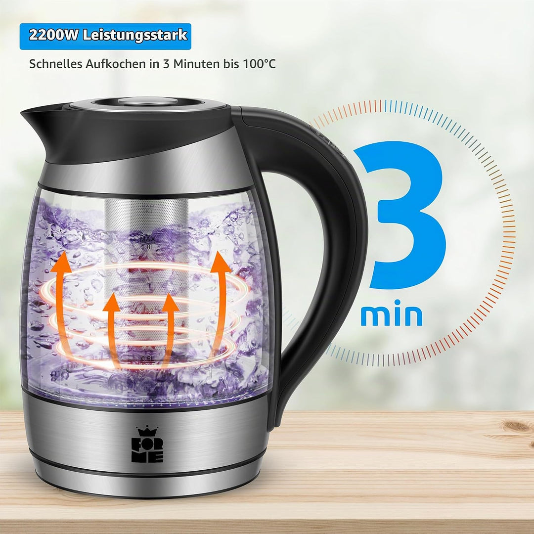 FOR ME Glas Elektrischer Wasserkocher mit Teesieb 1,8L, Temperatureinstellung, Temperaturwahl 40°C b