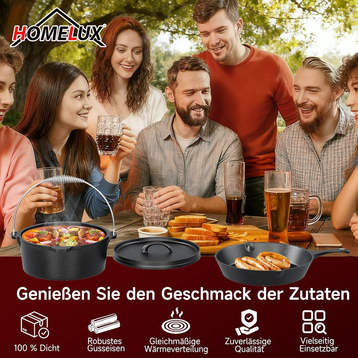 HOMELUX 10-teilig Dutch Oven Set in Holzkiste mit 4,5L Dutch Oven Topf &amp; 3,6L Saucier – Inkl. Grillp