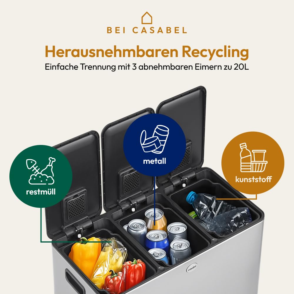 CASABEL Mülleimer Küche 60 L - Mülltrennsystem 3 x 20 L aus Rostfreiem Edelstahl, Rechteckiger Recyc