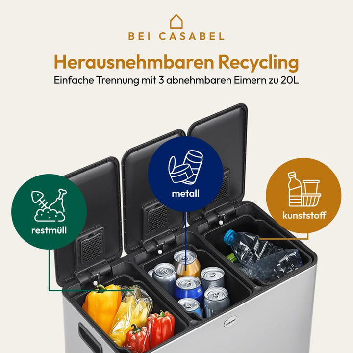 CASABEL Mülleimer Küche 60 L - Mülltrennsystem 3 x 20 L aus Rostfreiem Edelstahl, Rechteckiger Recyc