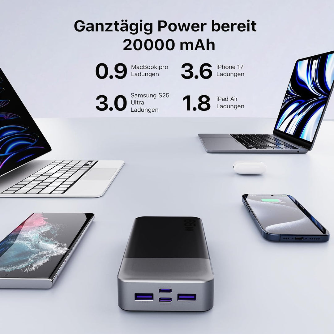 NOBIS 65W Power Bank 20000mAh, Power Bank USB C*2 (In/Out) & USB-A*2,Powerbank Schnellladefunktion P