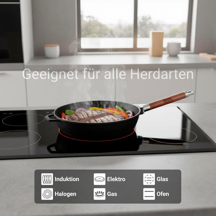 BIOL Gusseisenpfanne 22 cm mit Glasdeckel – tiefe Bratpfanne | Abnehmbarer Holzgriff, Ohne Beschicht