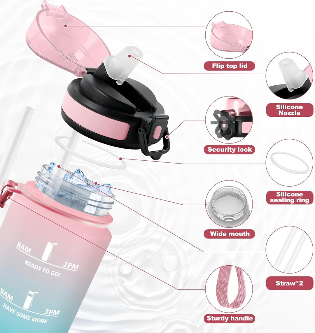 Trinkflasche 1L, BPA-frei, Wasserflasche mit Strohhalm & Zeitmarkierung, Sportflasche für Gym, Campi