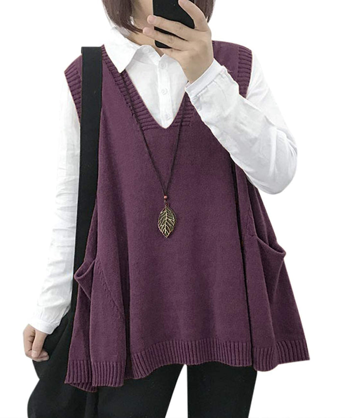Janein Damen Pullunder ärmellos V Ausschnitt Stricken Weste Oversize Strickweste Beheizbare Tank Top