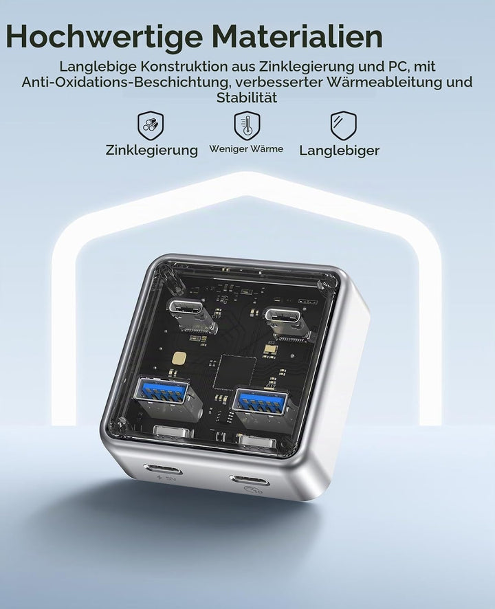 ORICO USB Hub 3.2, 4 Port USB 3.2 Gen2 Verteiler mit 2 Typ A/C Anschlüsse, 10Gbps Zinklegierung Mult