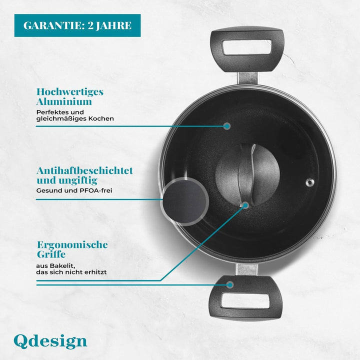 QDESIGN BLACK+ 2er-Set PFOA-freie, antihaftbeschichtete Aluminium-Kasserollen + 2 Glasdeckel – für a