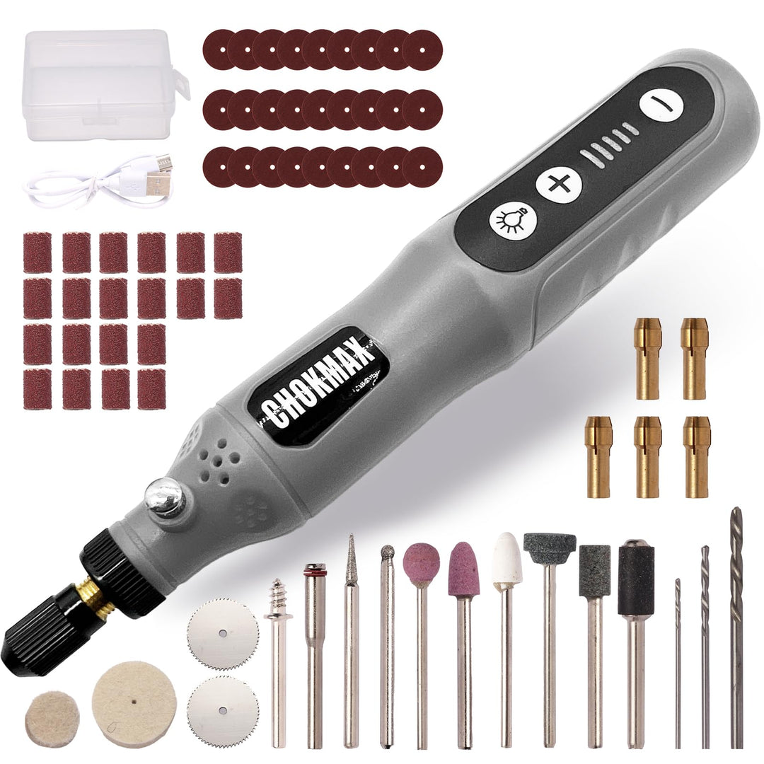 CHOKMAX Mini Kabelloses Drehwerkzeug, 5-Gang-Schleifer-Kit mit 72 Zubehörteilen und Front-LED-Licht,