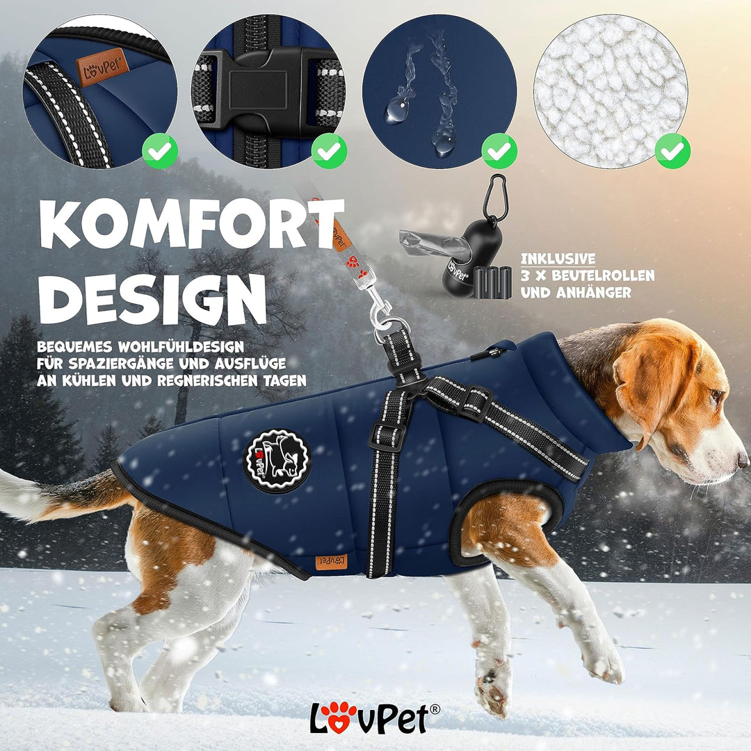 LOVPET® Hundejacke Hundemantel mit Geschirr, inkl. 45 Stück Kotbeutel + Spender, Hunde Winterweste g