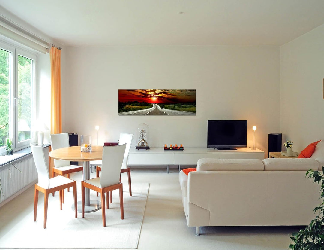 Paul Sinus Art Panoramabild auf Leinwand und Keilrahmen 120x40cm Landschaft Strasse Abendrot Wolkenh