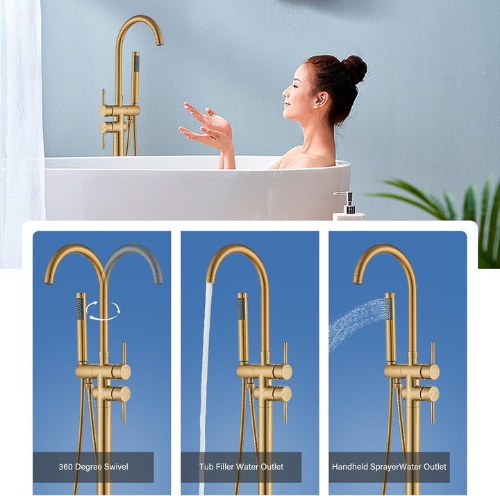 Rozin Freistehende Badewannenarmatur Gebürstetes Gold Wasserhahn Zweihebelmischer mit Handspritzgerä