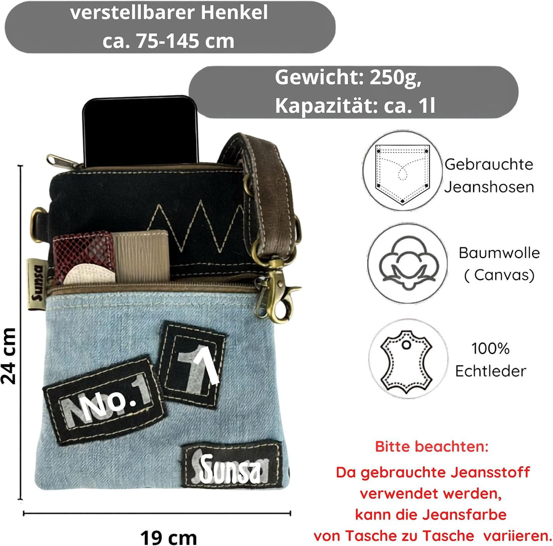 Sunsa Damen kleine Umhängetasche. Nachhaltige Tasche aus recycelte Jeans &amp; Leder. Crossover bag in V
