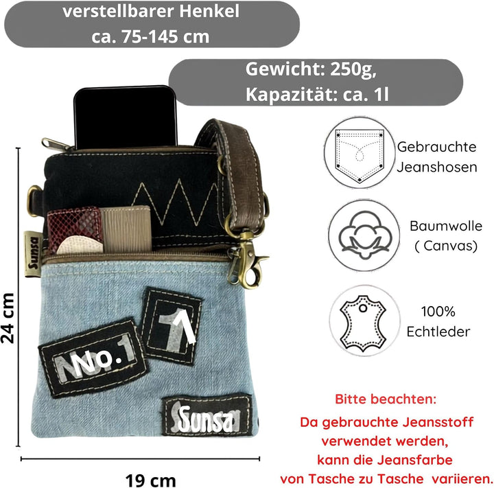 Sunsa Damen kleine Umhängetasche. Nachhaltige Tasche aus recycelte Jeans &amp; Leder. Crossover bag in V