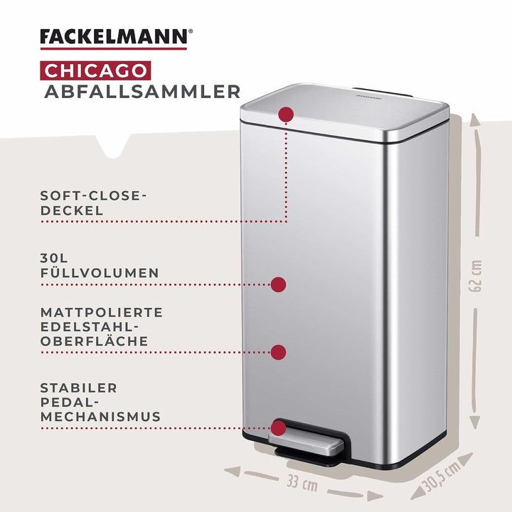 FACKELMANN CHICAGO Pedal-Abfallsammler 30L – Edelstahl matt, fingerabdruckfrei, mit stabilem Pedal u