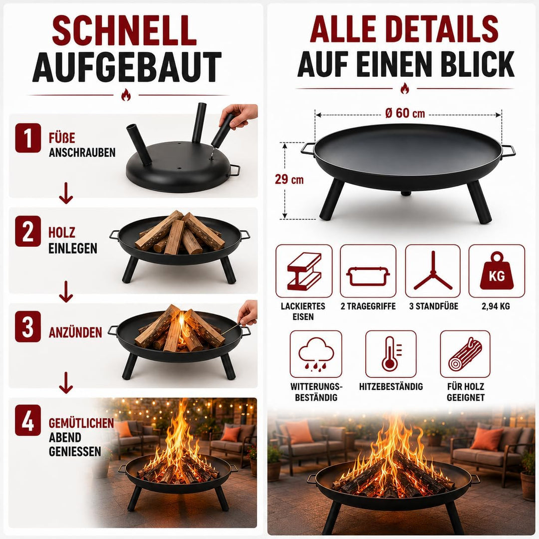 Feuerschale Feuerstelle Ø 60 cm für Lagerfeuer im Garten oder auf der Terrasse mit 2 Tragegriffen au