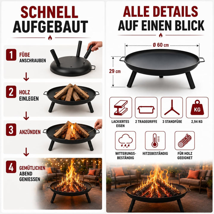Feuerschale Feuerstelle Ø 60 cm für Lagerfeuer im Garten oder auf der Terrasse mit 2 Tragegriffen au
