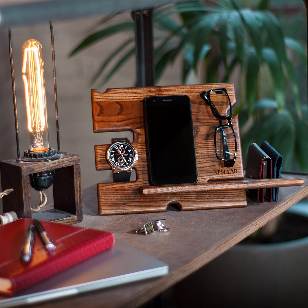 Holz Telefon Dockingstation Asche Baum Geldbörsenständer Schlüsselhalter & Uhren Organisator Herren