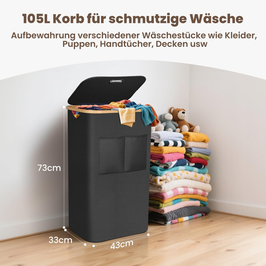 OUSFOT Wäschekorb mit Deckel 105L, Wäschesammler mit Griffen aus Bambus, Laundry Basket Wasserdicht