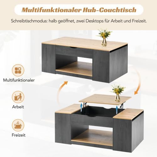 Merax Höhenverstellbarer Couchtisch mit Holzmaserung, Grauer Korpus & Geheime Stauräume, 109cm Kaffe