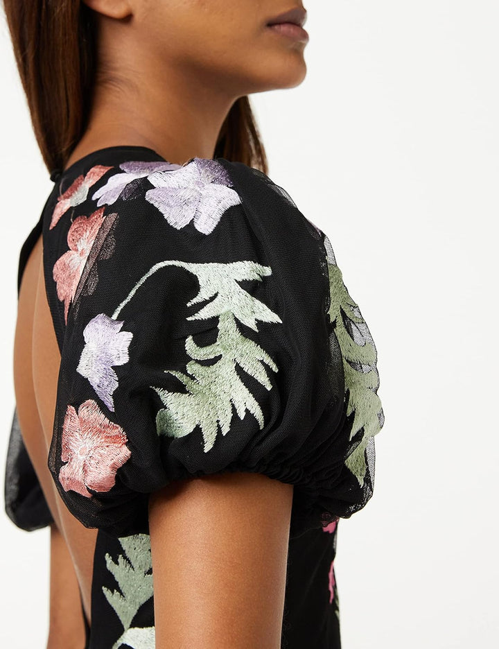 Maya Deluxe Damen Womens Maxi Ladies Floral Embroidered Open Back Puff Sleeves Dress for Wedding Gue