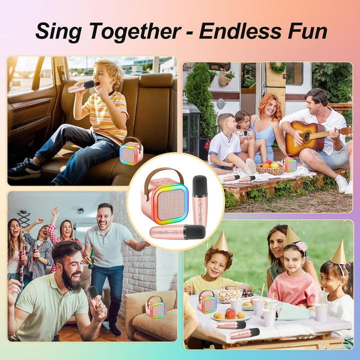 Karaoke Maschine Kinder, tragbarer Bluetooth-Lautsprecher mit LED und 2 drahtlosen Mikrofonen, kompa