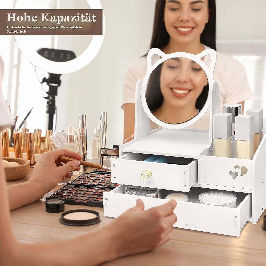 LEcylankEr Schminktisch Organizer mit 360° Spiegel und Schublade, Kosmetik Organizer aus PVC Weiss,