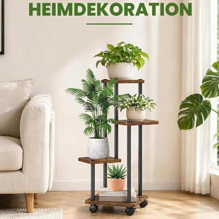 Blumenständer mit Rollen, 4 Etagen Pflanzenständer aus Metall und Holz, Platzsparend Indoor Pflanzen