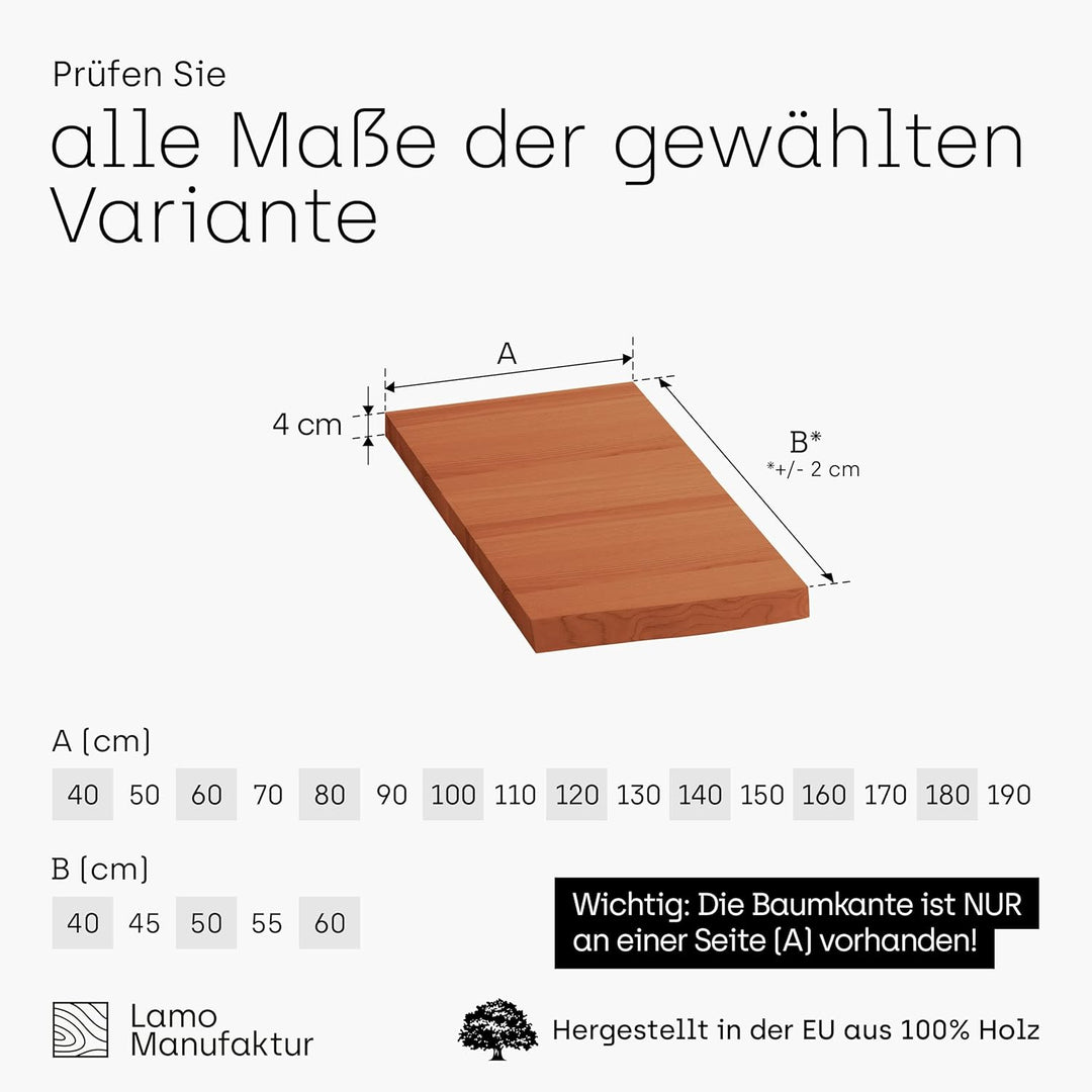 LAMO Manufaktur Waschtischplatte, Holzplatte Waschtisch Baumkante, 40x45 cm (AxB), Dunkel, ohne Mont