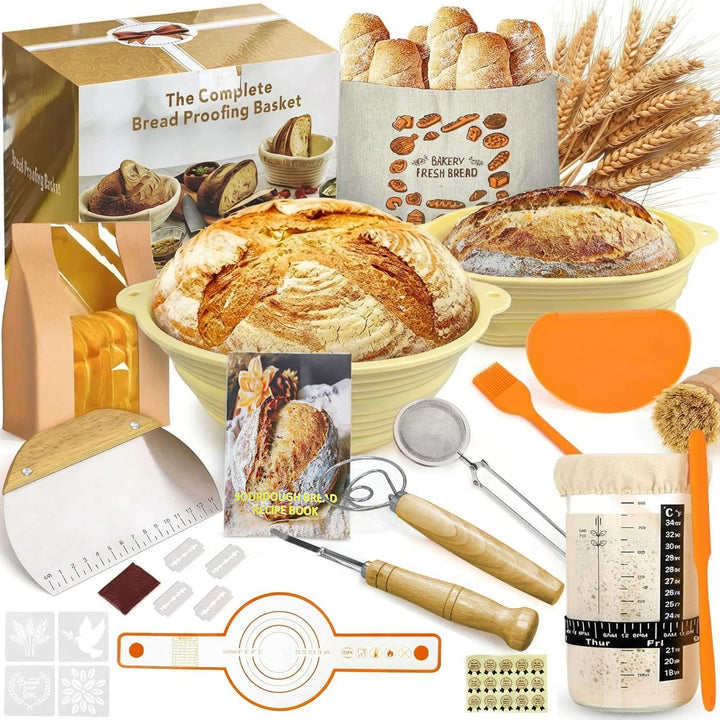 Gärkörbchen Sauerteig Starter Set Silikon 23cm Rund & 25cm Oval Gärkorb mit 650ML Sauerteig Glas Fal