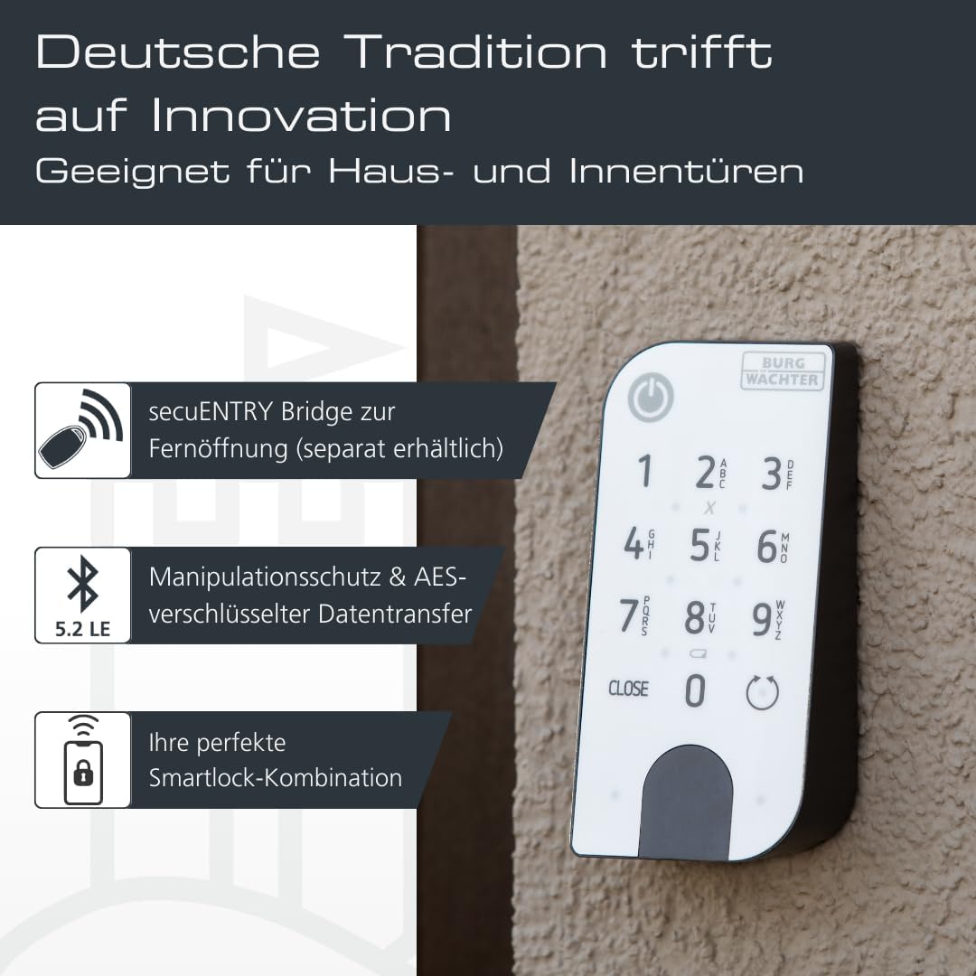 BURG-WÄCHTER Elektronisches Türschloss secuENTRY für Haustüren, Bedienung mit Zahlencode, App oder F