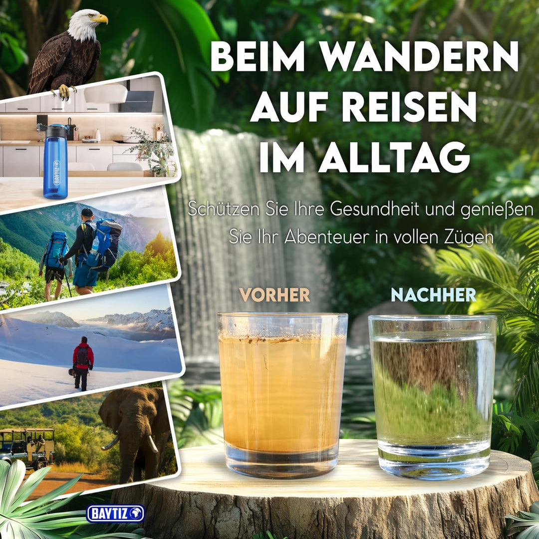 BAYTIZ- Trinkflasche + Strohhalm Filter + Carabiner - Wasserfilter Outdoor mit Aktivkohle - Sport Üb