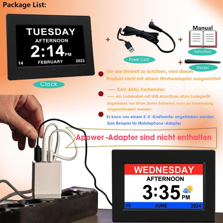 8 Zoll Wecker Digital mit Automatische Helligkeitsanpassung, Leiser LCD-Display-Wecker mit Luftfeuch